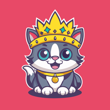 Adorable Feline Monarch: Cute Cartoon Cat Mascot Vector Character with Regal Crownのイラスト素材