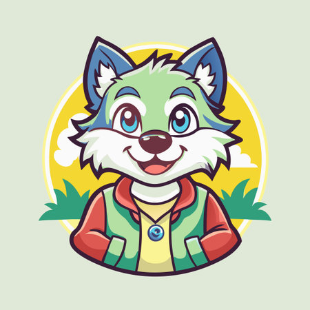 Monochrome Cute Wolf Logo Character with Vector Graphic Elementsのイラスト素材