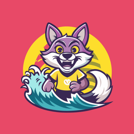 Abstract Blue and Yellow Vector Fox Mascot Cartoon with Wave Illustrationのイラスト素材