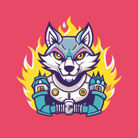 Fiery Wolf Cyborg Unleashing Power in a Blazing Digital Realmのイラスト素材