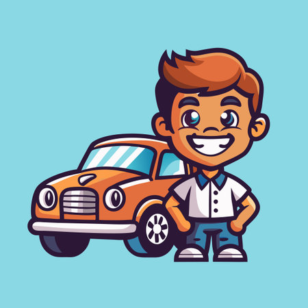 Cute Boy and Red Toy Car Mascot Cartoon Illustration with Stars and Cloudsのイラスト素材