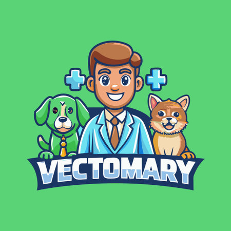 Cartoon Mascot Vet Clinic with Stethoscope and Clinic Signのイラスト素材