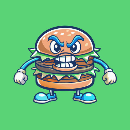 Enraged Cartoon Burger Expresses Dissatisfaction on White Backgroundのイラスト素材
