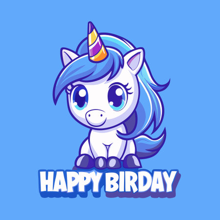 Enchanting Birthday Unicorn Character Mascot Log Illustration for Fun Activitiesのイラスト素材