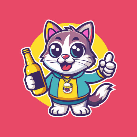 Cute Cat Holding a Bottle of Refreshing Beverage Character Illustrationのイラスト素材