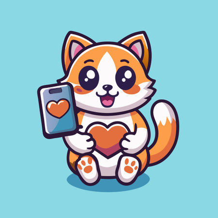 Adorable Feline with Smartphone Expressing Love with Pink Characterのイラスト素材