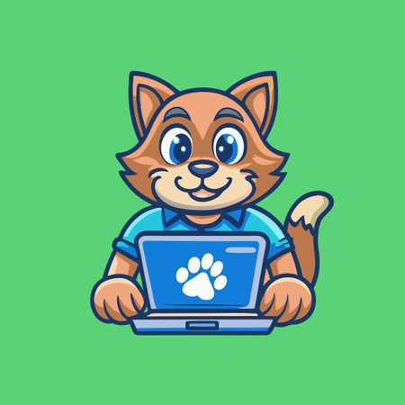 Cute Cartoon Cat Character Interact with Computer with Vector Illustrationのイラスト素材