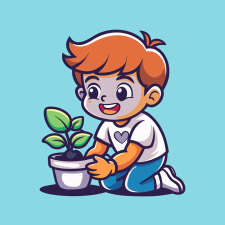 Adorable Cartoon Boy Tending to a New Plantのイラスト素材