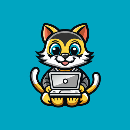 Cartoon Cat and Computer Vector Logo Character Illustrationのイラスト素材