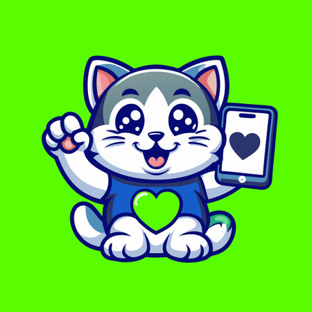 Adorable Feline Holding a Smartphone with Heartsのイラスト素材