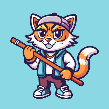 Cool Cat with Stick Mascot Vector Character for Brand and Marketing Designのイラスト素材
