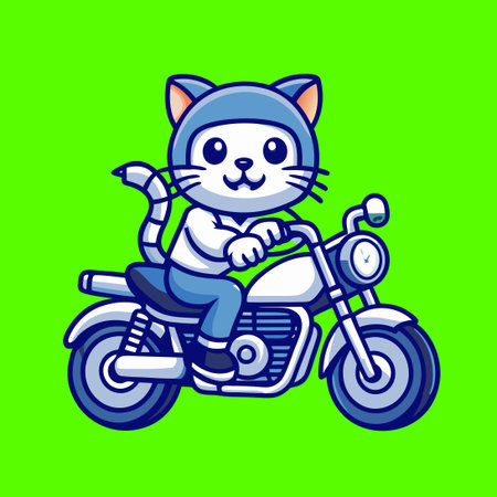 Adorable Feline Biker: Cute Cat Mascot Vector Riding a Motorcycleのイラスト素材
