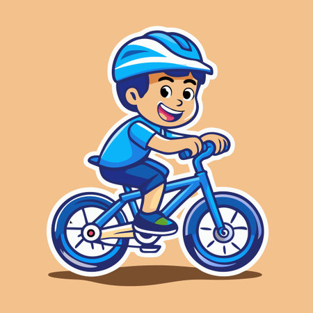 Cute Boy Riding his Bicycle: Cartoon Vector Logo Character Cartoonのイラスト素材