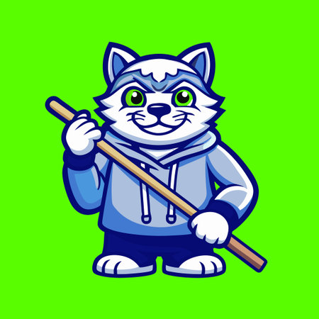 Cool Cat Mascot Character Holding a Stick Logo Vector Illustrationのイラスト素材