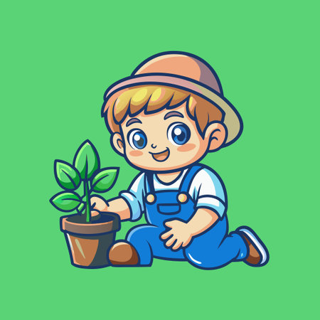 Adorable Cartoon Boy Embraces Nature by Planting a Seedlingのイラスト素材