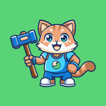 Cute Hammer-Wielding Cat Mascot Character Vector Graphicのイラスト素材