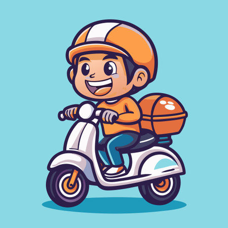 Adorable Cartoon Boy Joyfully Riding a Scooter Mascot Logo Designのイラスト素材