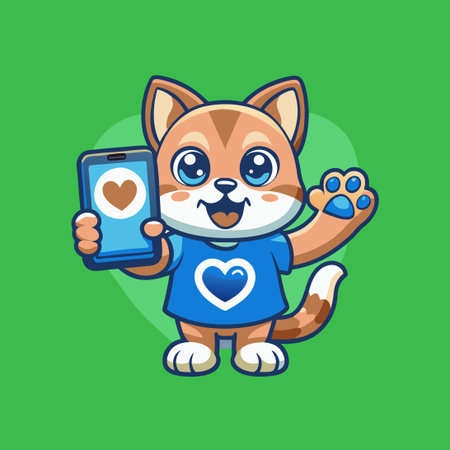 Adorable Cat Holding Smartphone with Heart-Shaped Emojiのイラスト素材