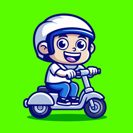 Cute Boy Riding Blue Scooter Mascot Character with Thumbs Upのイラスト素材