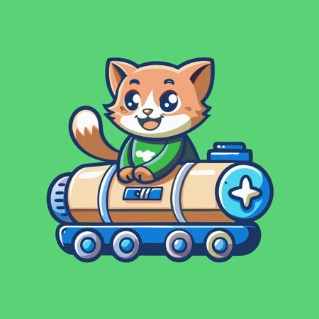 Adorable Cartoon Kitten Steering a Mascot Tanker with a Wide Grinのイラスト素材