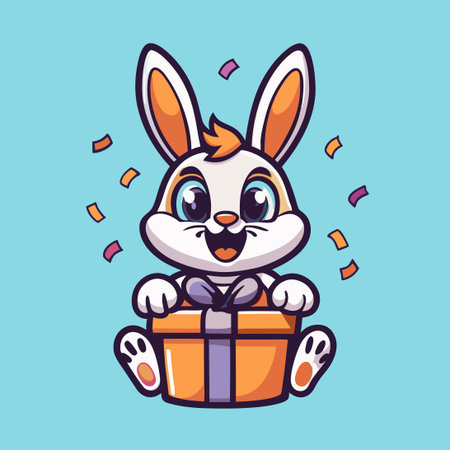 Adorable Bunny Mascot Holding a Gift and Surrounded by Confettiのイラスト素材