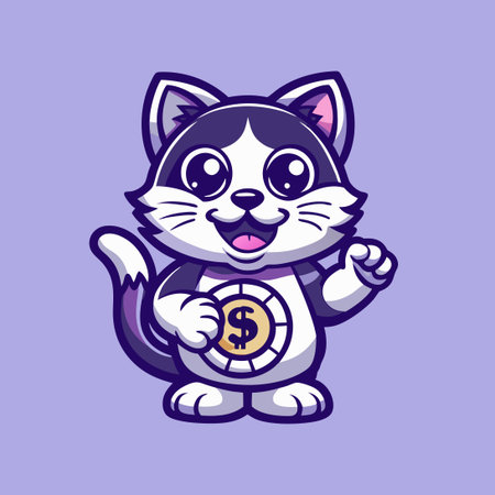 Amusing Cartoon Cat Mascot Holding a Coinのイラスト素材