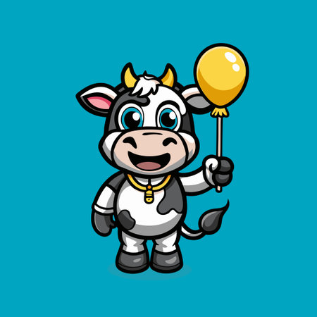 Massively Adorable Cow Holding a Festive Balloon Mascot Characterのイラスト素材
