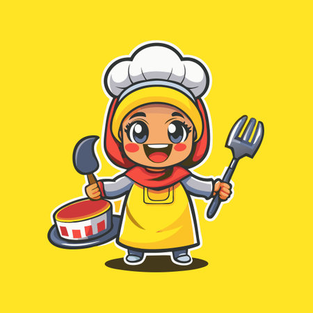 Adorable Hijab-Wearing Chef Mascot with a Playful and Charming Logoのイラスト素材