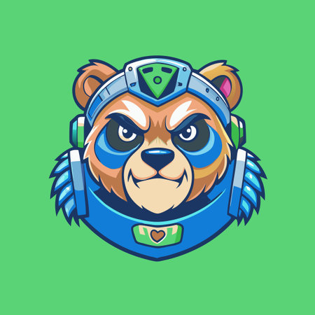 Futuristic Cyborg Panda Mascot Logo with Metallic Head and Vector Outlineのイラスト素材
