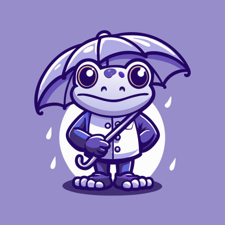 Adorable Frog Sheltering Under Umbrella on a Rainy Dayのイラスト素材
