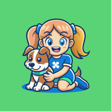 Adorable Girl Affectionately Cuddling with a Friendly Dog in a Car Mascot Logoのイラスト素材