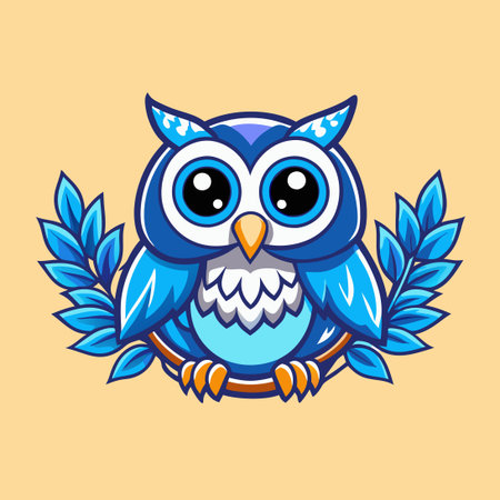 Cute Cartoon Owl with Leaves Adorned Illustrationのイラスト素材