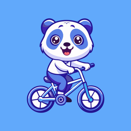 Cute Panda Mascot Riding a Yellow Bike with Car Wheelsのイラスト素材