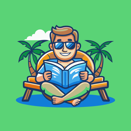 Serene Man Relaxing and Reading in a Vector Logo Character Styleのイラスト素材