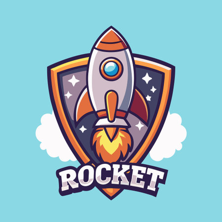 Cute Cartoon Rocket on a Shield Representing Protection and Adventureのイラスト素材