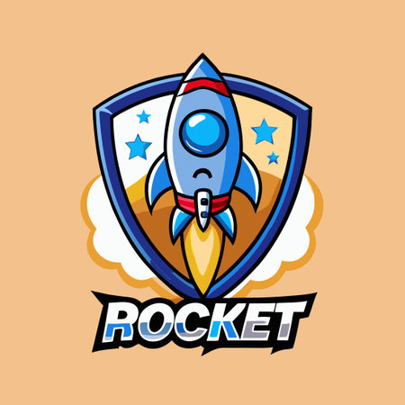 Adorable Shield-Shaped Rocket Cartoon Illustration for Logo Designのイラスト素材