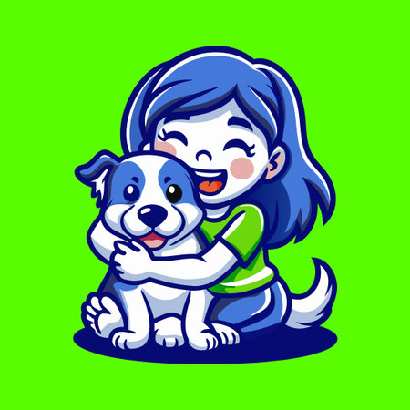 Young Girl Cuddling with a Loyal Dog Mascot Characterのイラスト素材