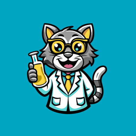 Smart Scientist Cat Holding Laboratory Glass Logo Mascot Vector Illustrationのイラスト素材
