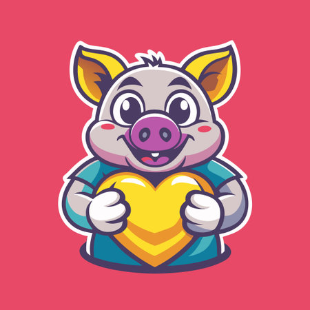 Amusing Cartoon Illustration of a Pig Holding a Red Heart Shapeのイラスト素材