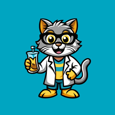 Intelligent Feline Scientist Holding Laboratory Glassware Mascot Logo Vectorのイラスト素材