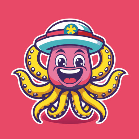 Smiling Red Octopus Character Wearing a Hat Vector Illustrationのイラスト素材