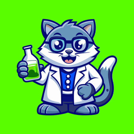 Scientist Cat Lab Mascot with Glassware Vector Logo Designのイラスト素材