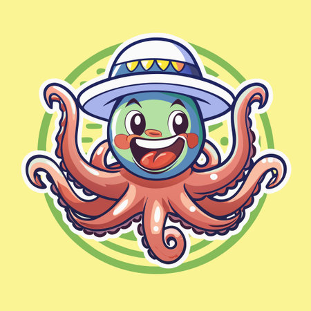 Amusing Cartoon of a Red Octopus in a Hat Grinning Brightlyのイラスト素材