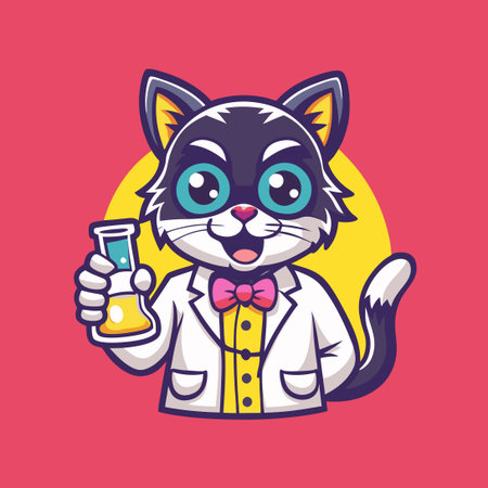 Intelligent Kitty Scientist Holding Laboratory Glassware Logo Emblemのイラスト素材
