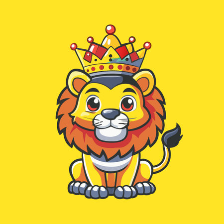 Adorable Cartoon Lion Cub in a Crown Exhibiting Playful Curiosityのイラスト素材