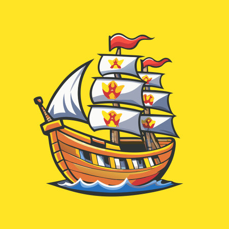 Whimsical Sailing Ship Character Cartoon Illustration with Vector Elementsのイラスト素材