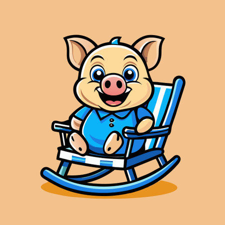Cute Pig Resting in a Cozy Rocking Chair Vector Mascot for Children's Books and Toysのイラスト素材