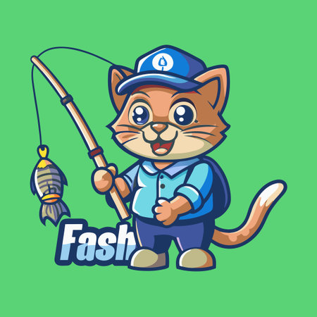 Cartoon Cat Fisherman Mascot in Vector Logo Styleのイラスト素材