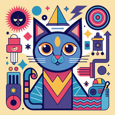 Abstract Funky Cat with Vibrant and Colorful Vector Patternsのイラスト素材