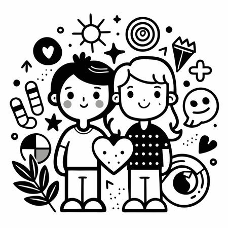 Abstract Friendship Doodle in Black and White - Simple Lines and Shapesのイラスト素材